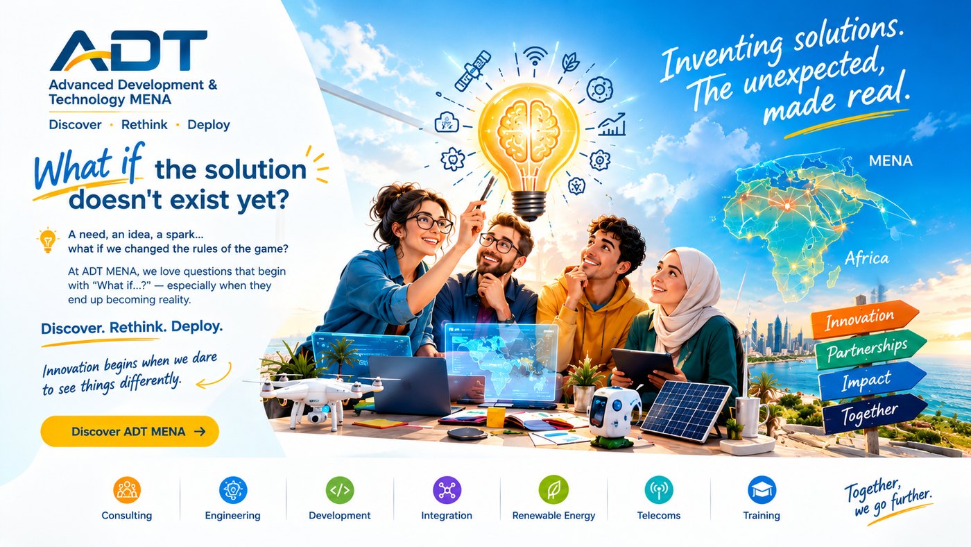 ADT, Advanced Development & Technology MENA: What if it were already possible? Four young people around a bright idea, with Tunisia, MENA and Africa in the background