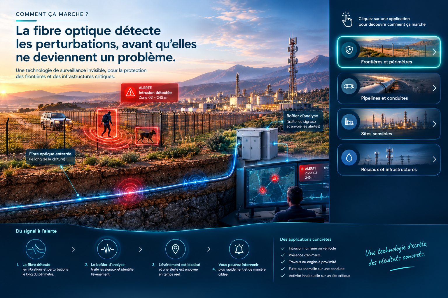 Périmètre protégé avec fibre optique enterrée et alerte conceptuelle