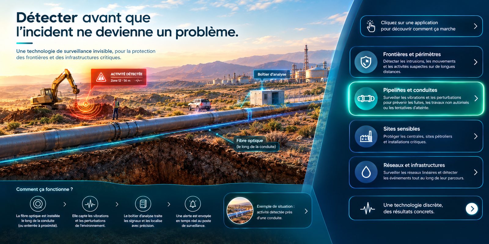 Coupe conceptuelle d’une conduite avec fibre optique à proximité et alerte