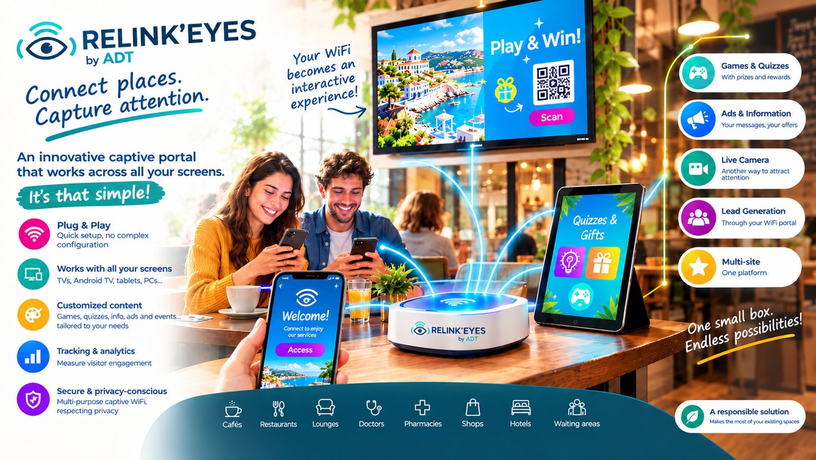 RELINK'EYES, connecting places, captivating eyes: WiFi portal, games and quiz, advertising and info, live camera, lead collection, multi-site, for coffee shops, restaurants, salons, doctors, pharmacies, shops, hotels and waiting rooms