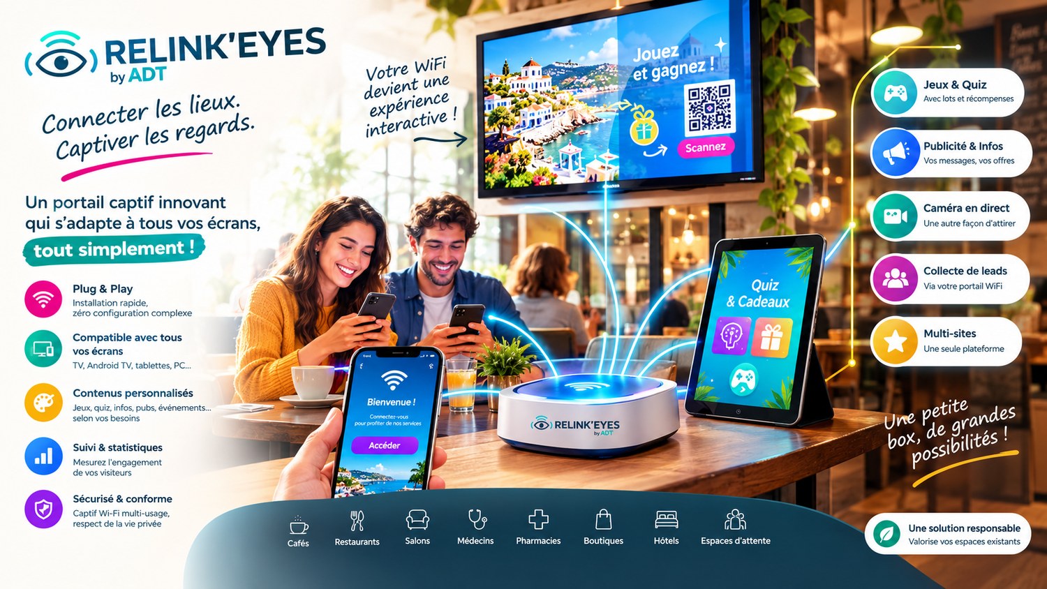 RELINK'EYES, connecter les lieux, captiver les regards : portail WiFi, jeux et quiz, publicité et infos, caméra en direct, collecte de contacts, multi-sites, pour cafés, restaurants, salons, médecins, pharmacies, boutiques, hôtels et salles d'attente