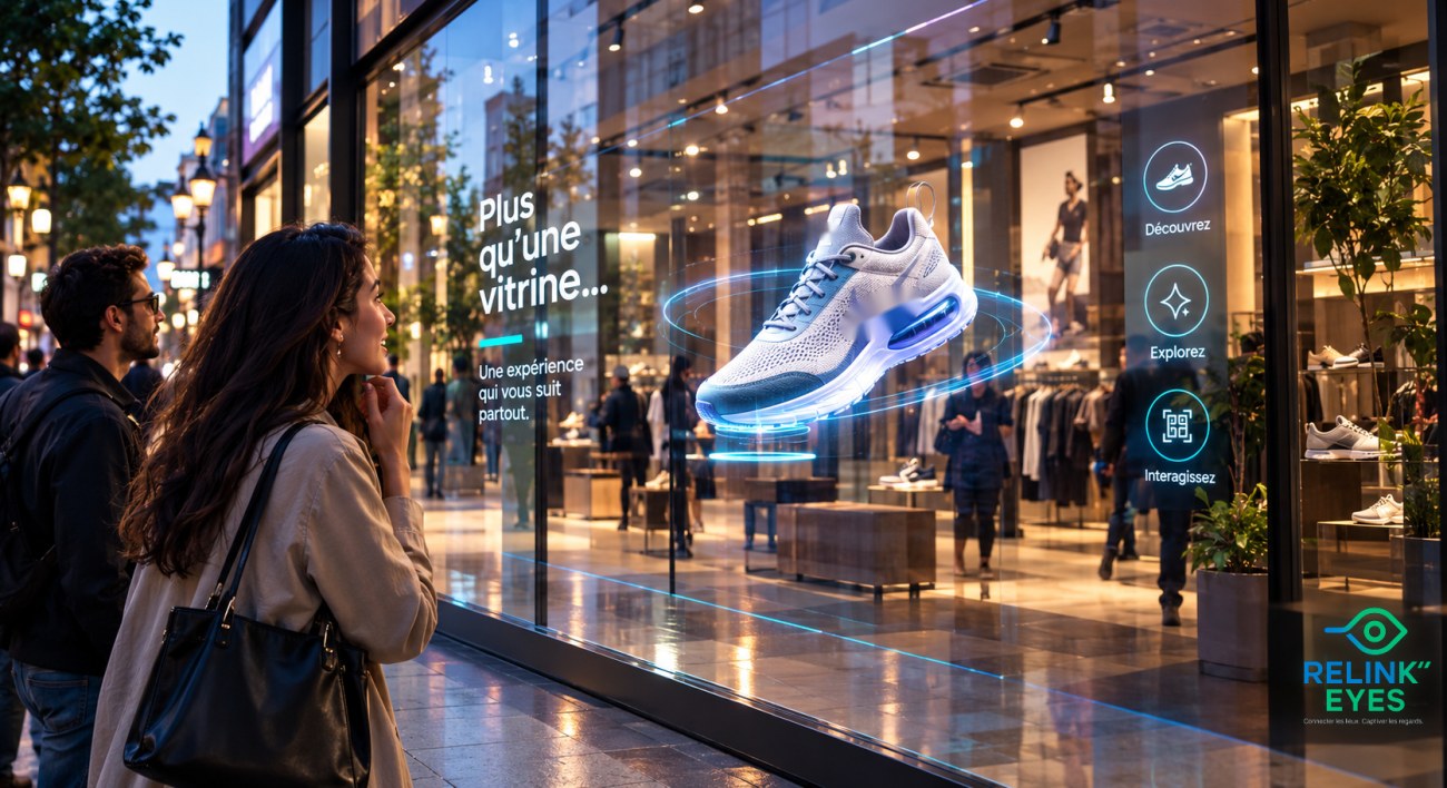 Une vitrine dont la vitre est un afficheur transparent : une chaussure en 3D flotte devant le magasin, une passante sourit